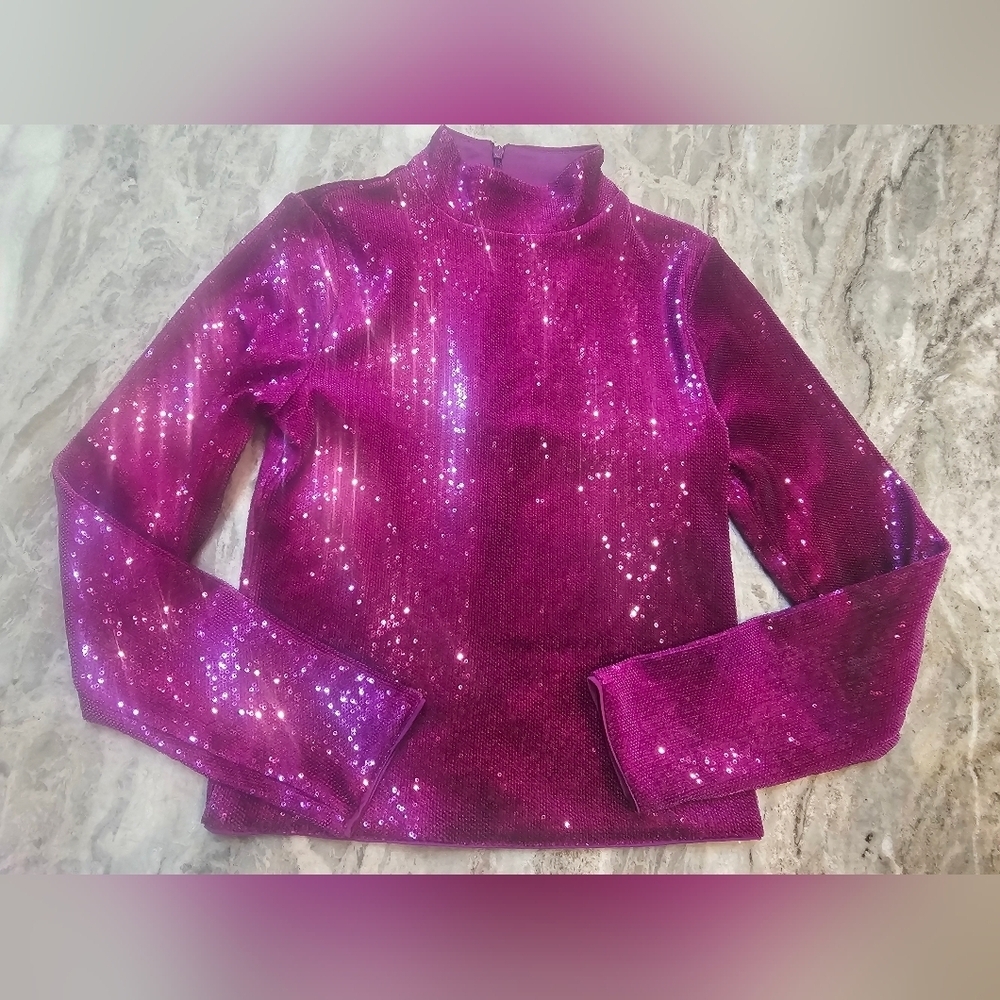 Express Body Contour Sequin Mock Neck Top NWT Small Purple Magenta Long Sleeve